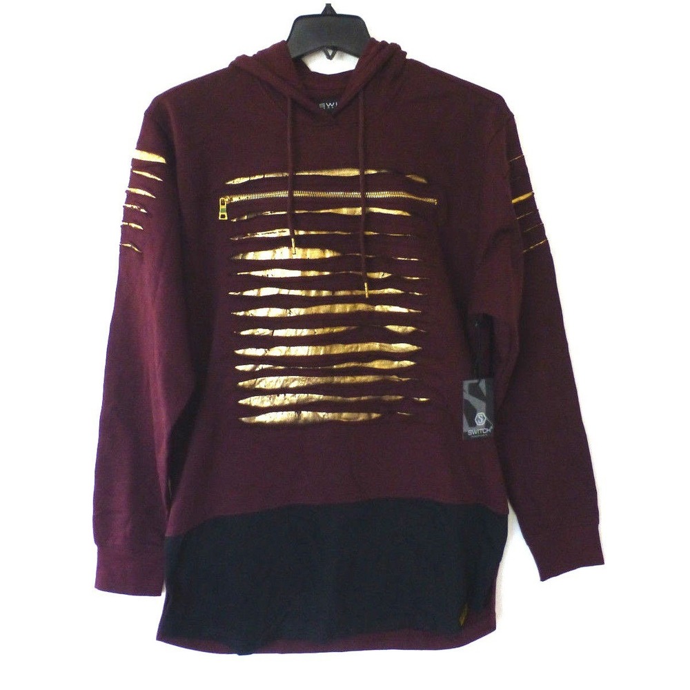Switch Sweatshirt Mens Medium Burgundy & Black Gold Destroyed Slim Hoodie New